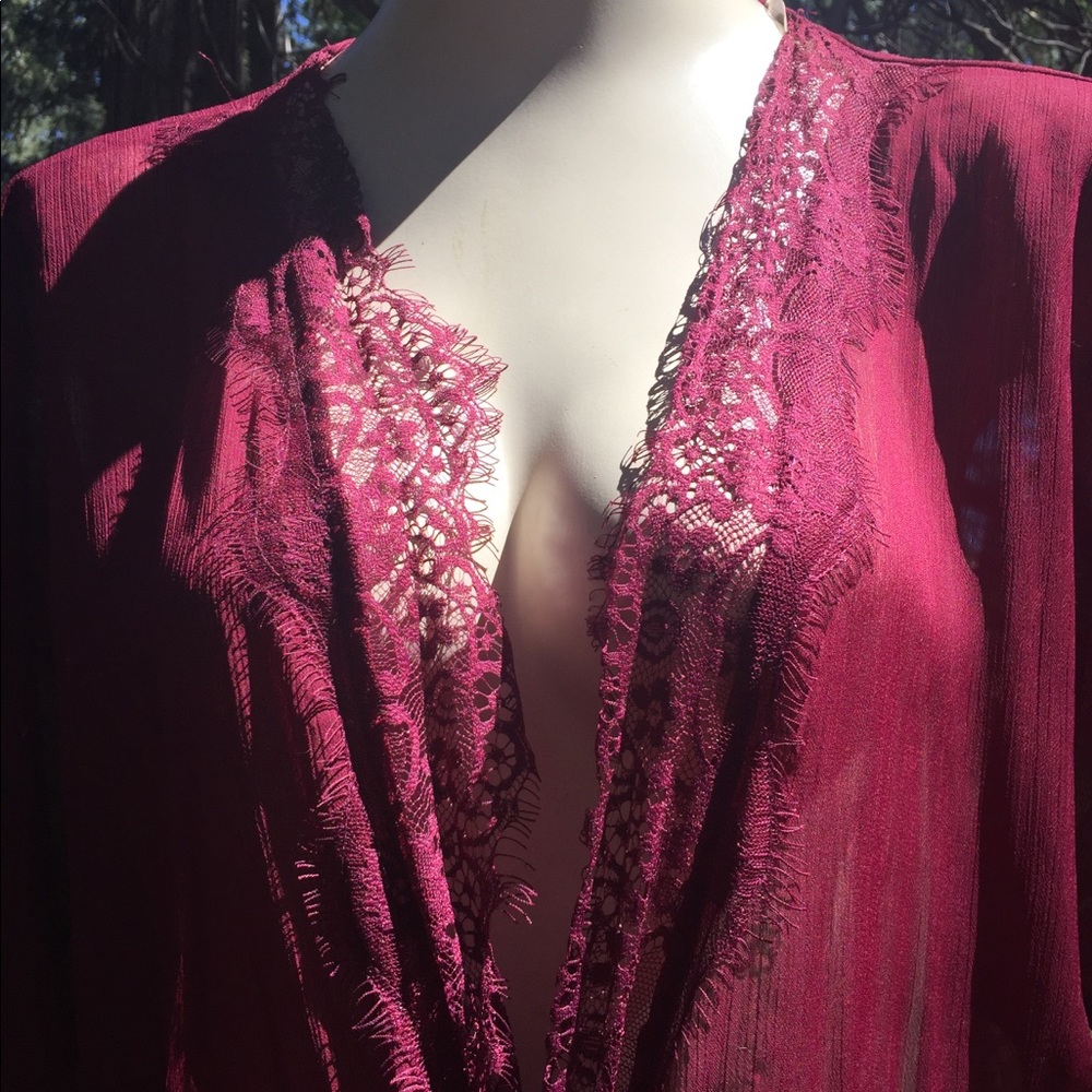 Time and Tru raspberry chiffon and lace duster burgundy jacket - Picture 2 of 11